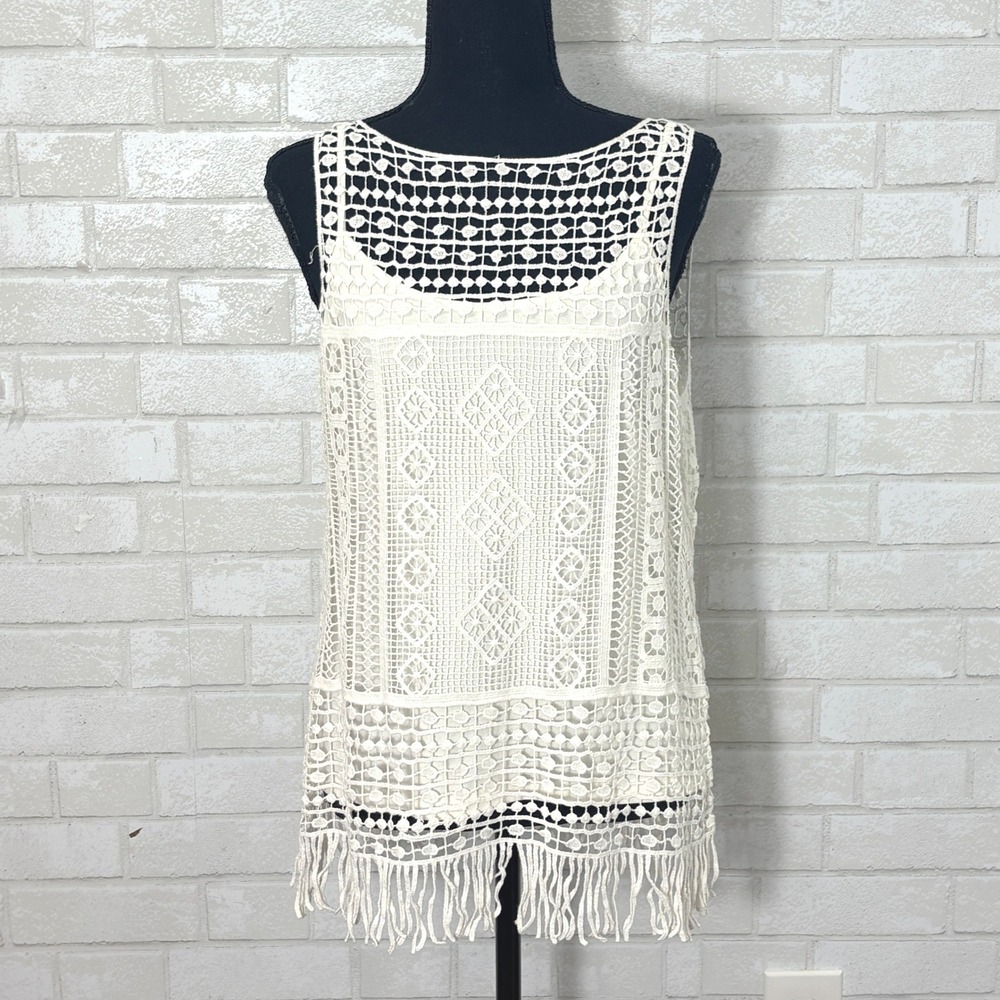 Lauren Ralph Lauren Crochet Open Knit Top PM Fringe Coastal Cowgirl Festival